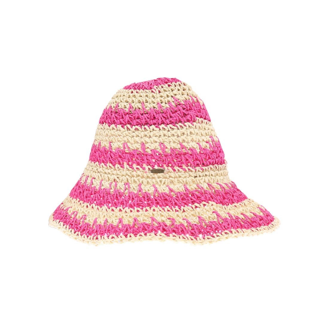 Hot Pink Broad Striped Paper Straw Hand Crochet C.C Bucket Hat ST4245 for wholesale on Faire3