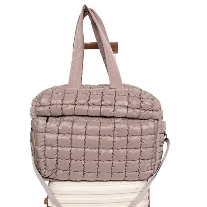 Tan Quilted Duffel Weekender Bag w/ Pass-Thru Slip for wholesale on Faire1