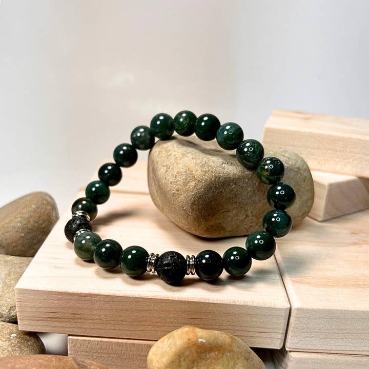 10mm Green Moss Agate & Lava Gemstone Mala Bracelet for wholesale by One Zero Eight