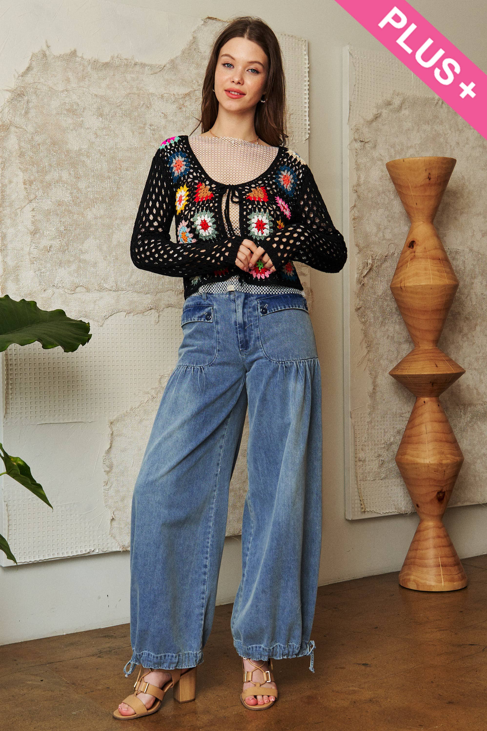 Davi & Dani - Wholesale Cardigan - Women's - PLUS CROCHET FLORAL LONG SLEEVE TIE FRONT CARDIGAN7