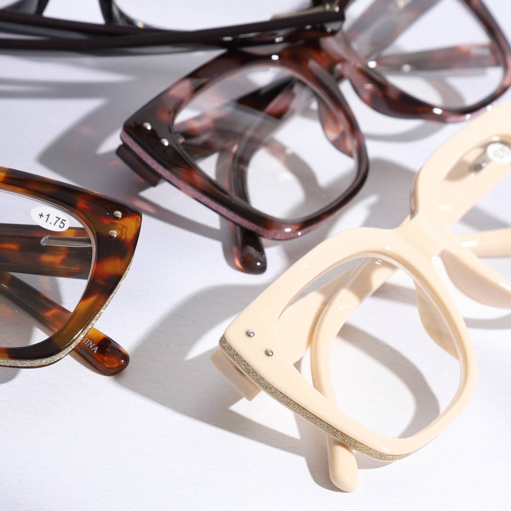 12 ASSORTEREDE FARVER Bred ramme Glitter Side Fashion læsebriller for engroshandel på Faire14