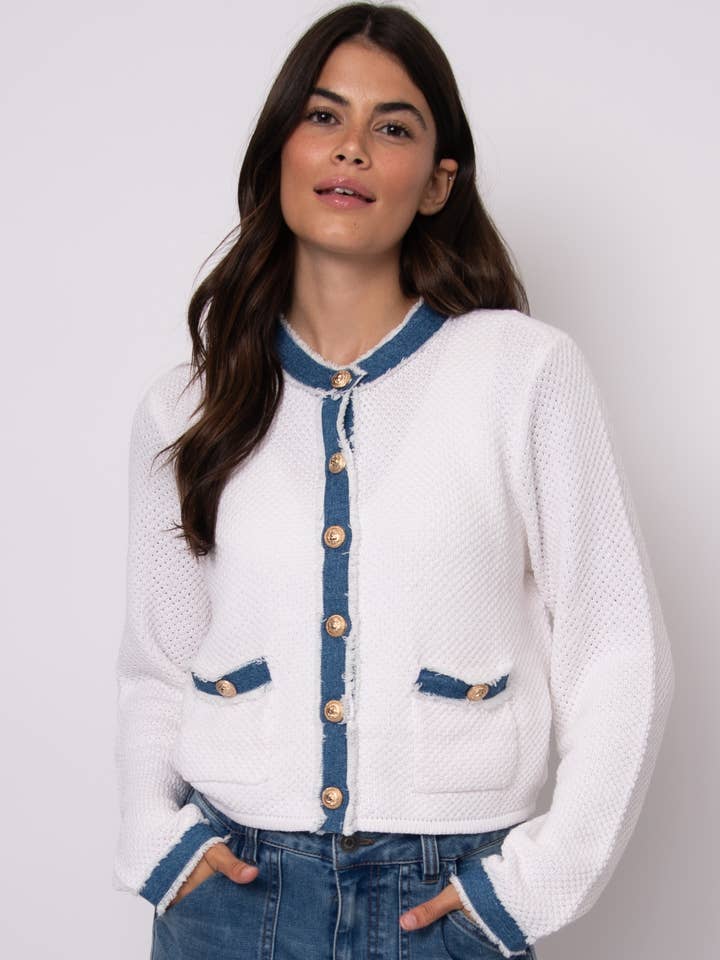 JAZZLYN LONG SLEEVE DENIM COMBO CARDIGAN- 77S736S for wholesale by RD Style