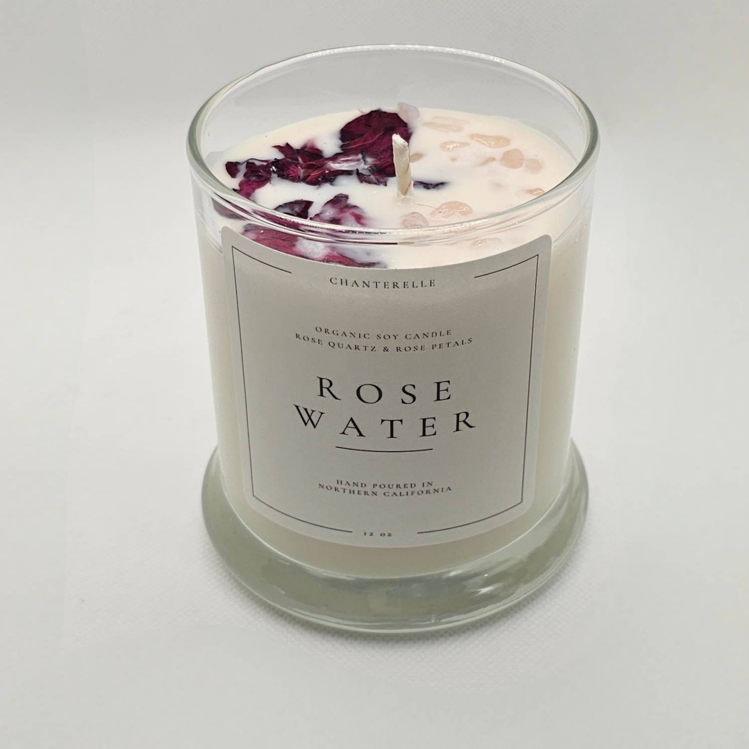 Chanterelle - Wholesale Jar/Filled Candle - Organic Soy Candle 12 oz "Rose Water" with Gemstones1