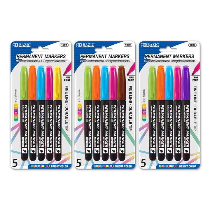 Fine Tip Bright Color Permanent Markers (5/Pack) for wholesale by BAZIC Products