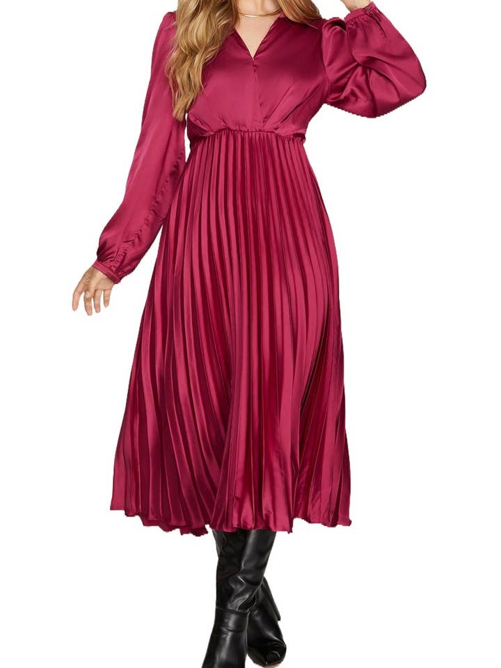 Surplice Long Sleeve Woven Satin Pleated Midi Dress for wholesale by Vanilla Monkey