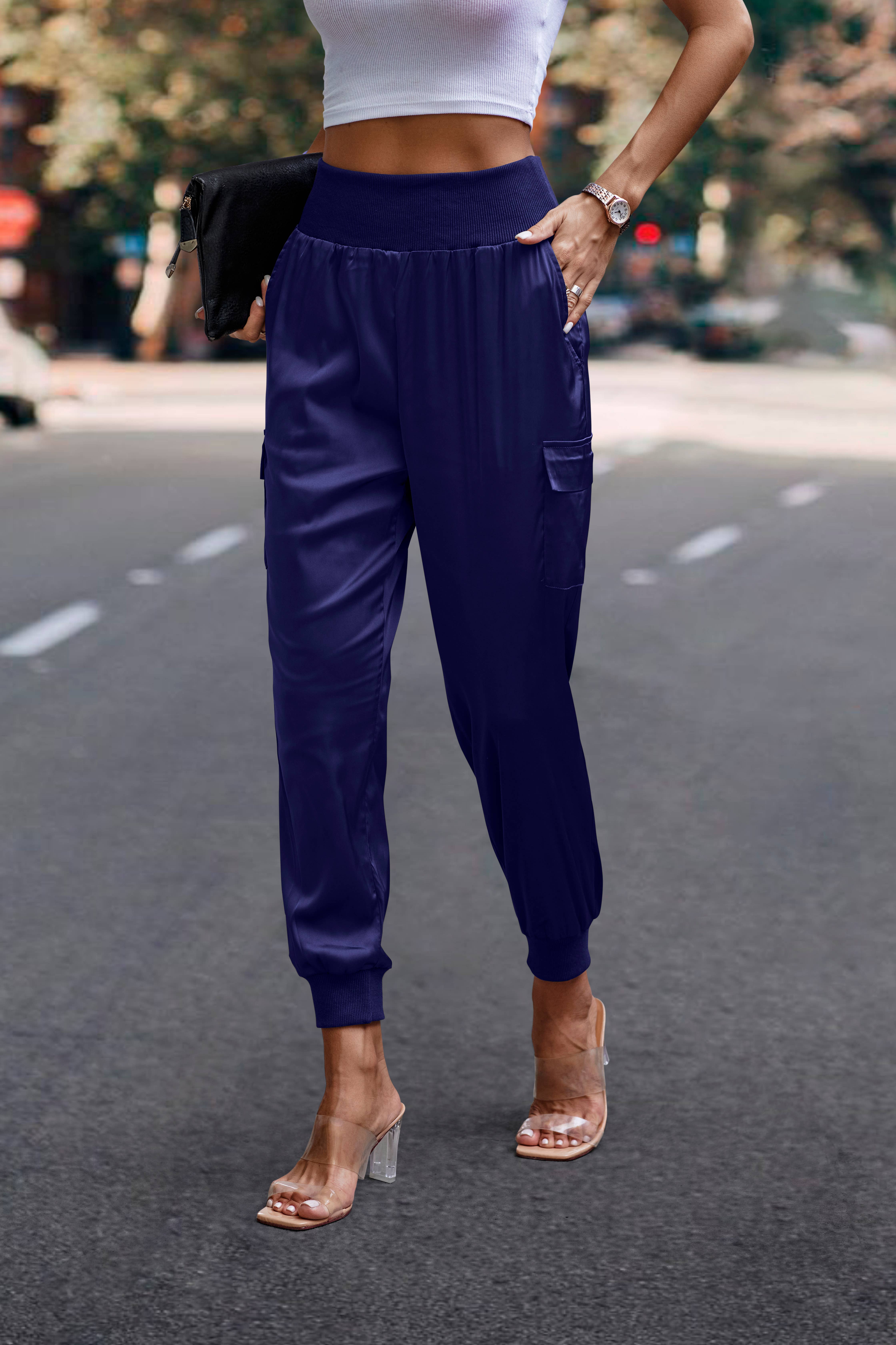 eLook - Wholesale Lounge Sweatpants/Joggers - Women's - SZ1-P0012 Satin Cargo Jogger with Ribbed Waist42