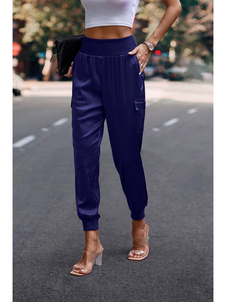 eLook - Wholesale Lounge Sweatpants/Joggers - Women's - SZ1-P0012 Satin Cargo Jogger with Ribbed Waist42