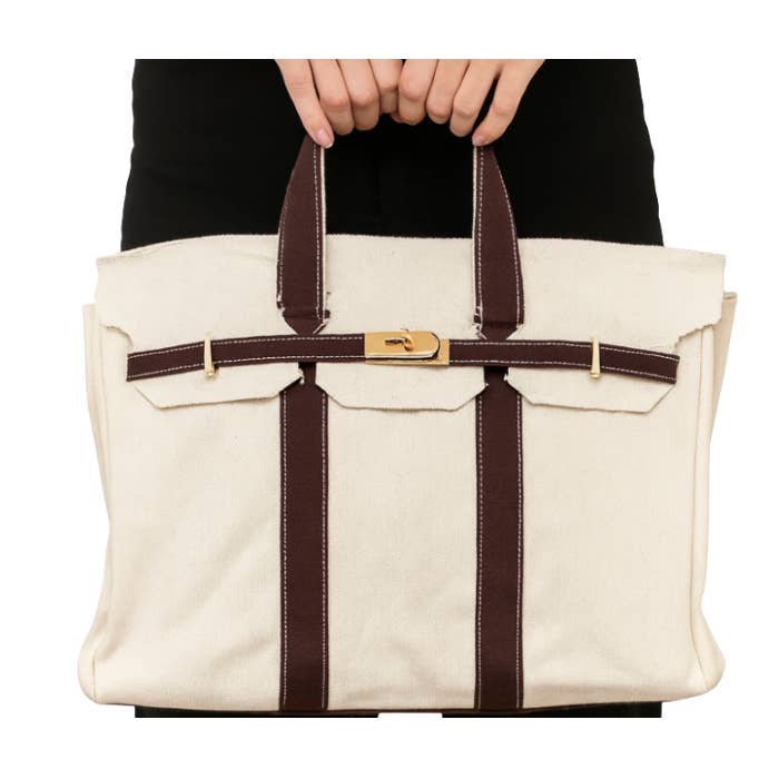 Runway Athletics - Wholesale Tote Bag - Women's - Canvas Tote Bag w/ Gold Buckle Hardware - Brown Trim