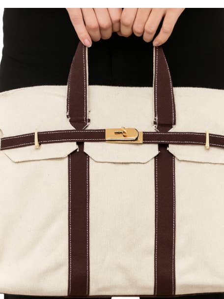 Canvas Tote Bag w/ Gold Buckle Hardware - Brown Trim for wholesale by Runway Athletics