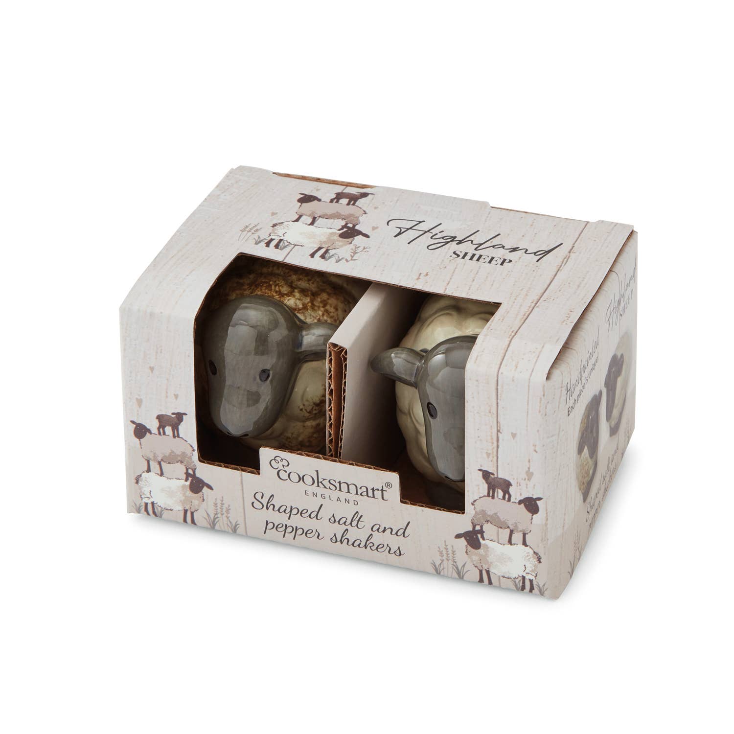 Multi Salt & Pepper Shaker Set Highland Sheep for wholesale on Faire0