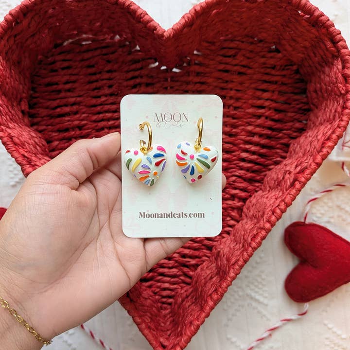 Moon & Cats - Wholesale Dangle Earrings - Otomi talavera hearts1