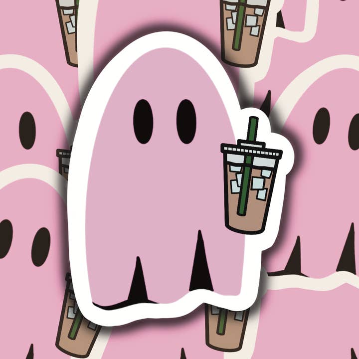Pink Ghost With Iced Coffee Sticker for wholesale by S and S Stickers