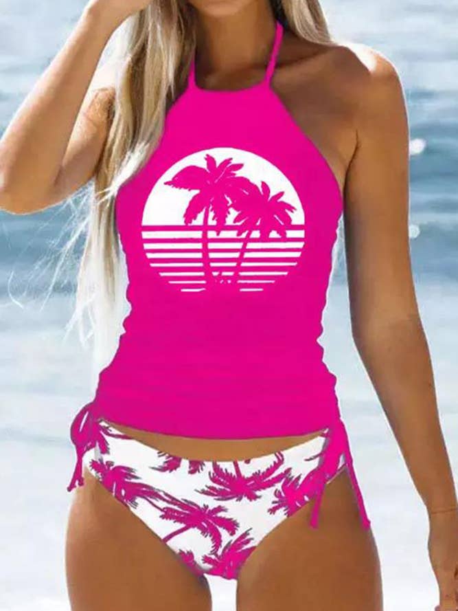 UNISHE - Wholesale Two Piece Swimsuit - Women's - Coconut Tree Print Halter Ruched Tankini Set ZK0454