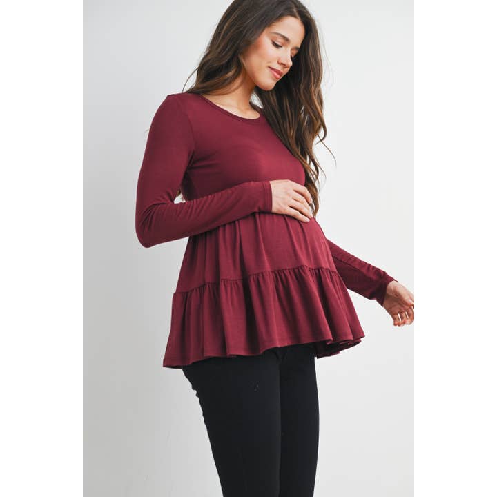Long Sleeve Tiered Babydoll Maternity Soft Knit Top for wholesale by Hello Miz