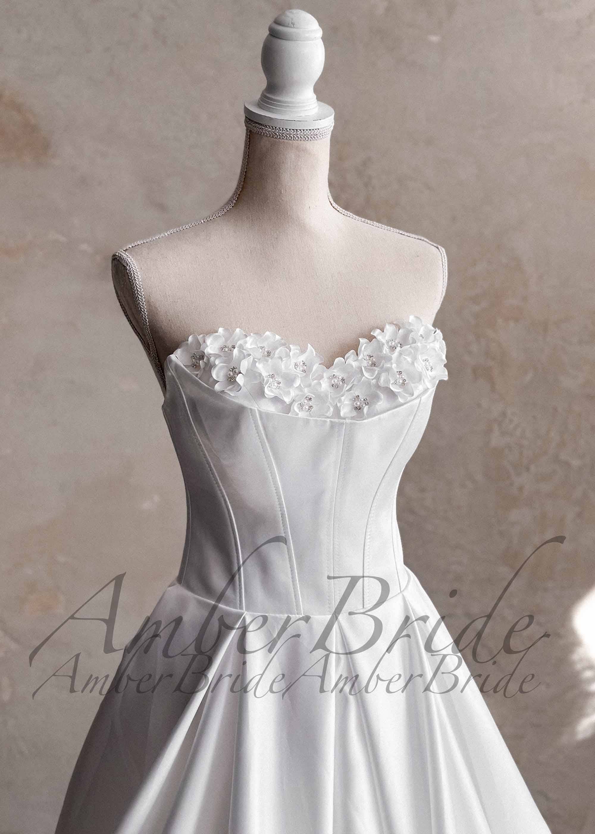 Amber Commerce Group, MB - Wholesale Gown - Women's - Strapless Satin A-Line Wedding Dress with 3D Floral Bust and Corset Back3