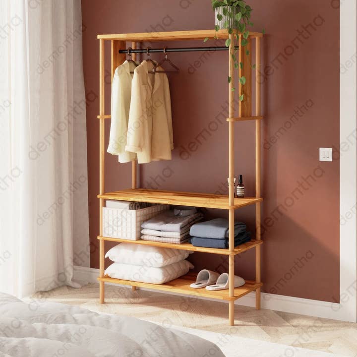 Cabide Aberto do Pacífico com Prateleiras - Estrutura de Armazenamento Minimalista em Madeira Maciça por atacado de Tomruque