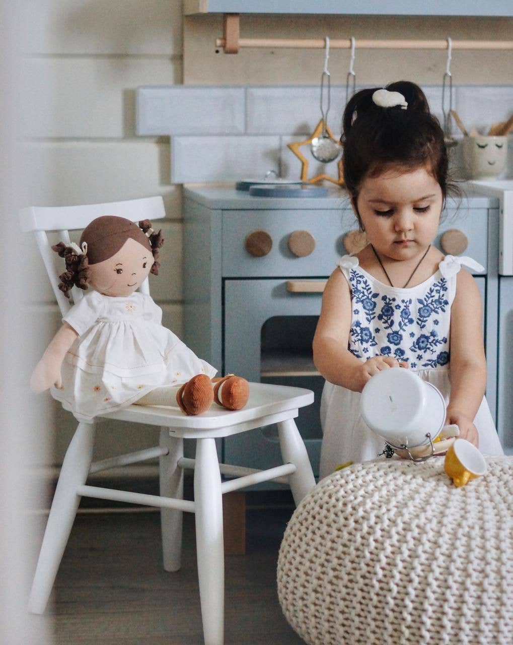 Tikiri Toys LLC - Wholesale Doll - Kids - Cecilia Dk. Brown Hair in Cream Linen Dress with Display Box6