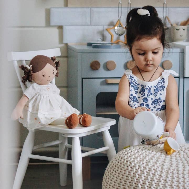 Tikiri Toys LLC - Wholesale Doll - Kids - Cecilia Dk. Brown Hair in Cream Linen Dress with Display Box6