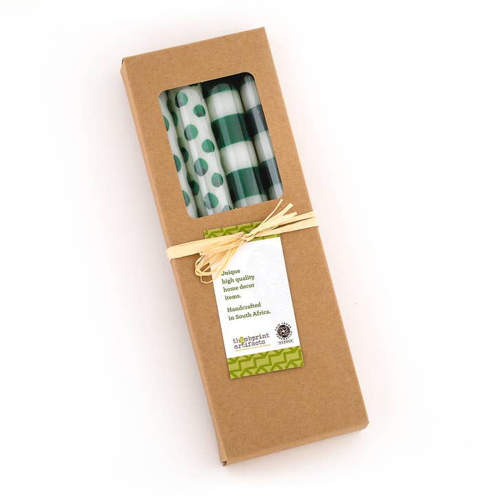 Thumbprint Artifacts - Wholesale Tapered Candle/Candlestick - Green Dots & Stripes Tapers - Gift Box of 4