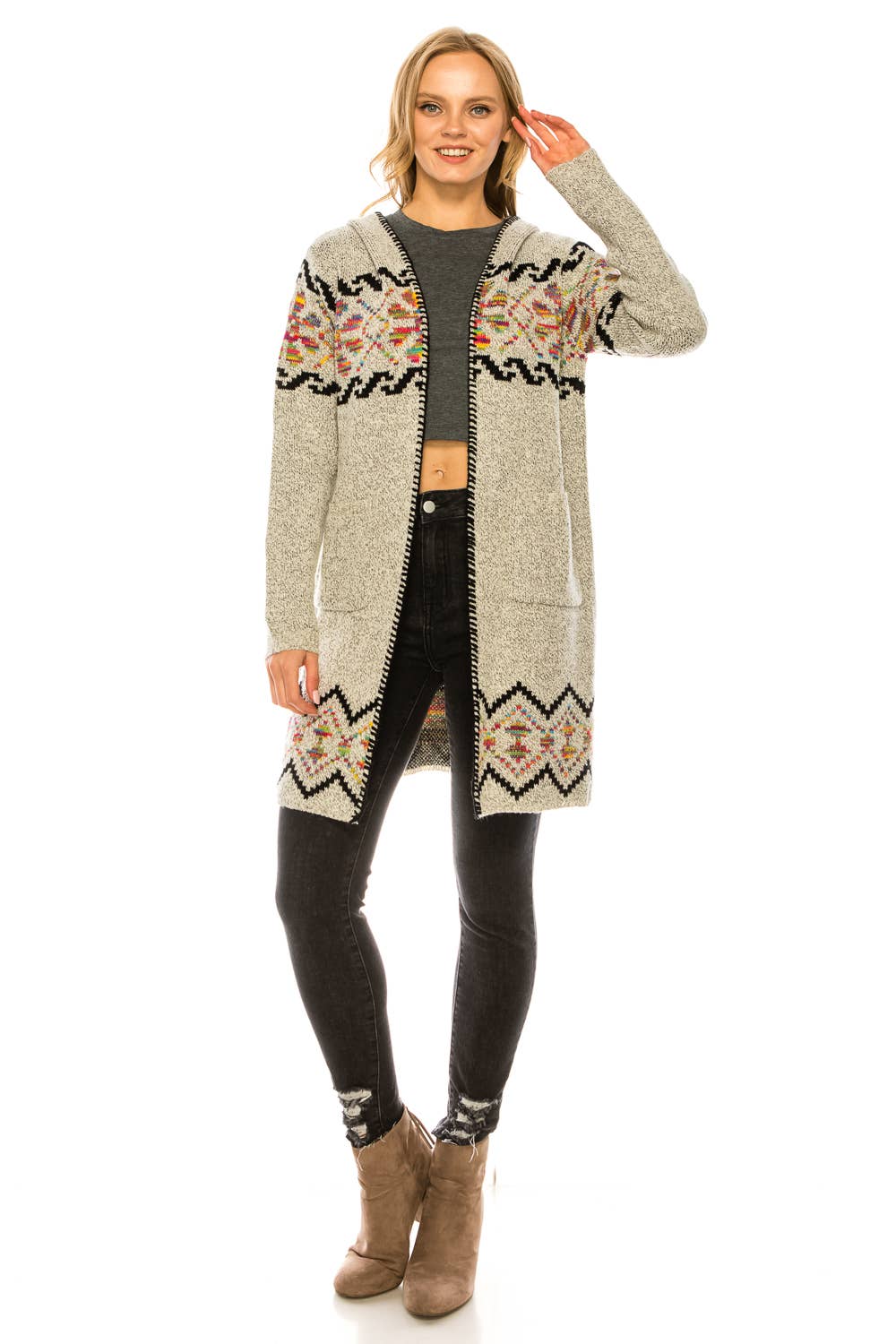 Oceanus Apparel - Wholesale Cardigan - Women's - OUG81327 Hooded floral patterned knit long cardigan sweater9