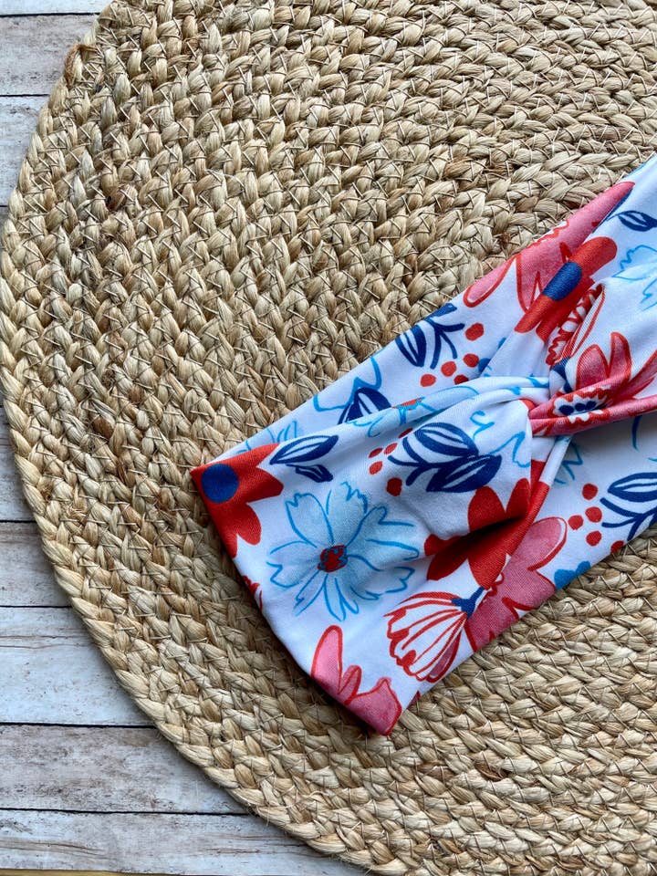Red White Blue Floral Knit Twist Headband for wholesale by Designs by Rachel Joy
