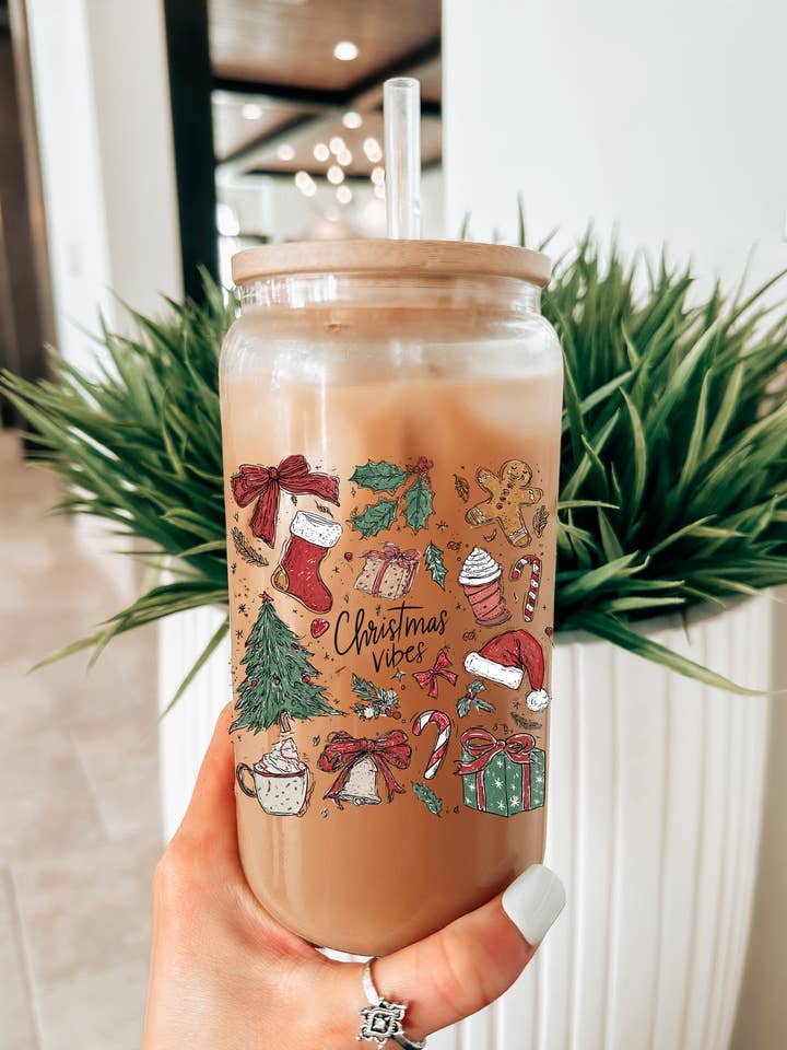 Christmas Vibes Vintage Collage Coffee Can Glass Mug for wholesale by Wild Souls Co