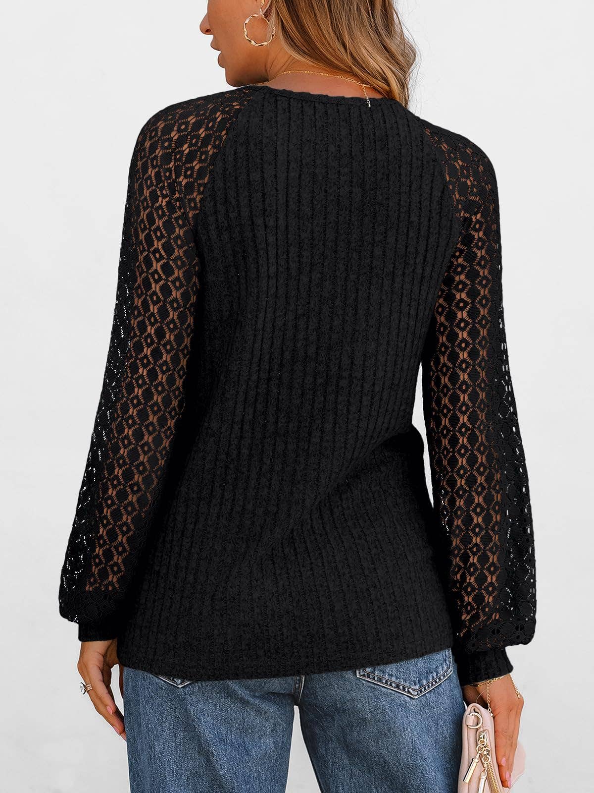 Suhkasana - Wholesale Knit Sweater - Women's - Ribbed Knit Pullover with Hollow Lace Sleeve Detail8