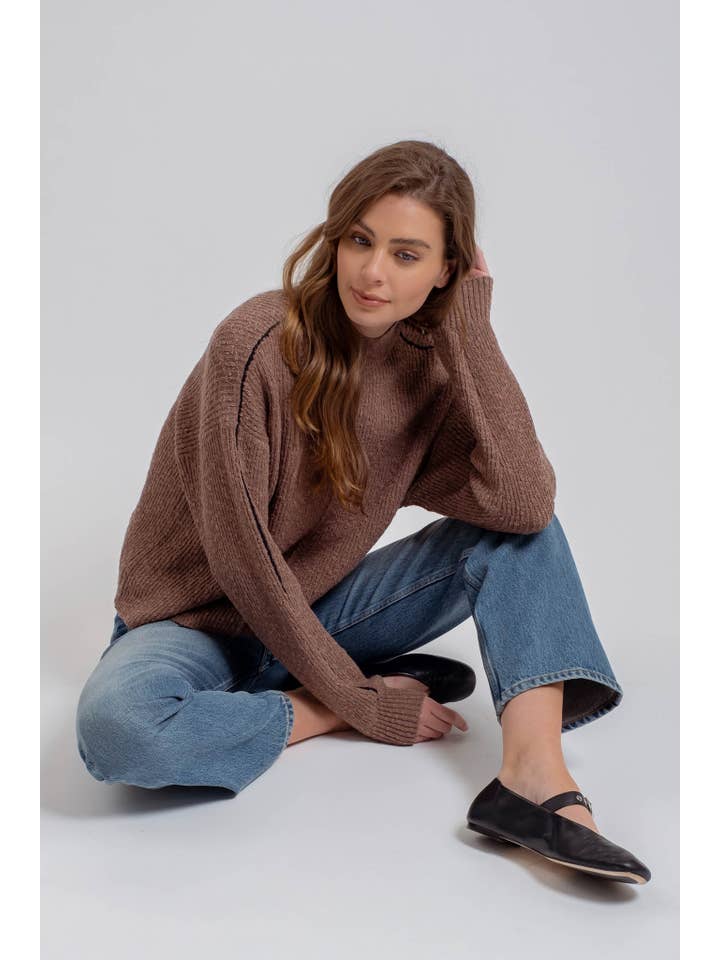The Workshop Studio - Wholesale Knit Sweater - Women's - MOCK NECK CONTRAST SEAM SWEATER KNIT PULLOVER