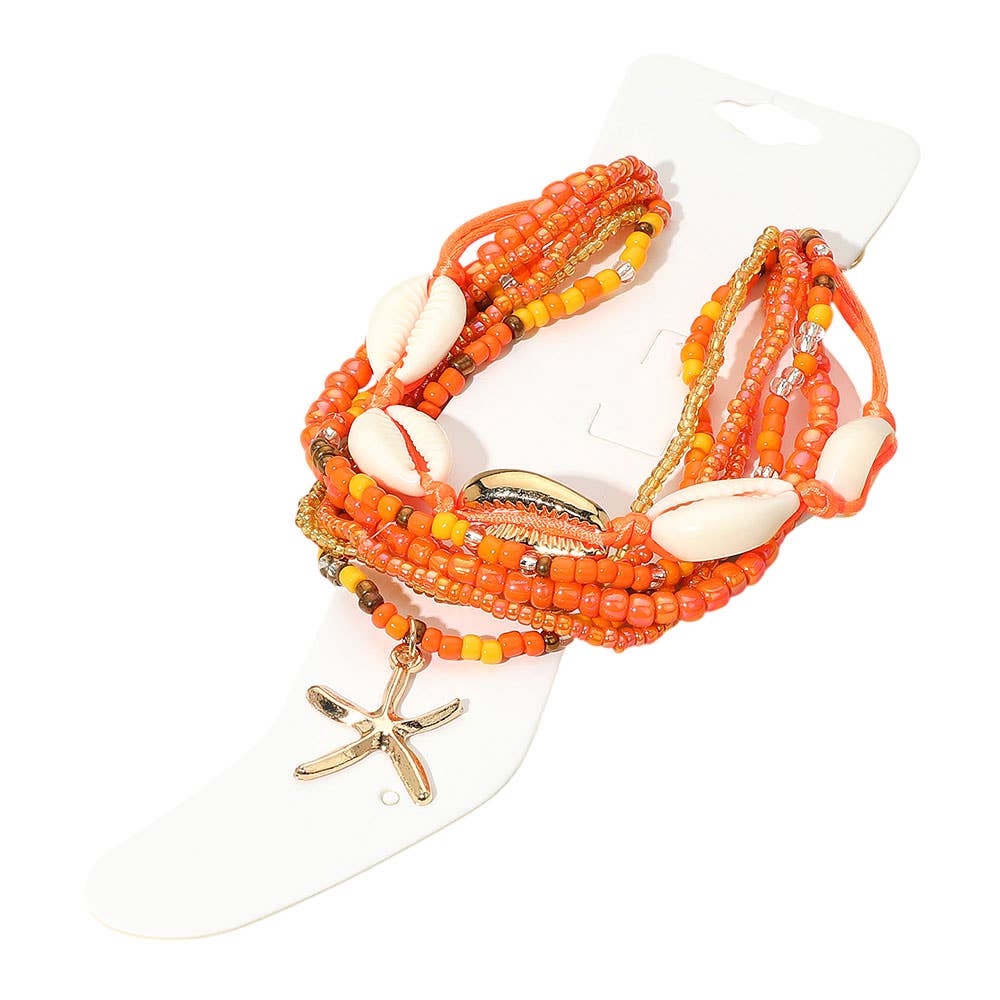 Sensibling Corp. - Wholesale Jewelry Set - 6PCS - Starfish Charm Accented Conch Shell Seed Beaded Multi Layered Anklets10