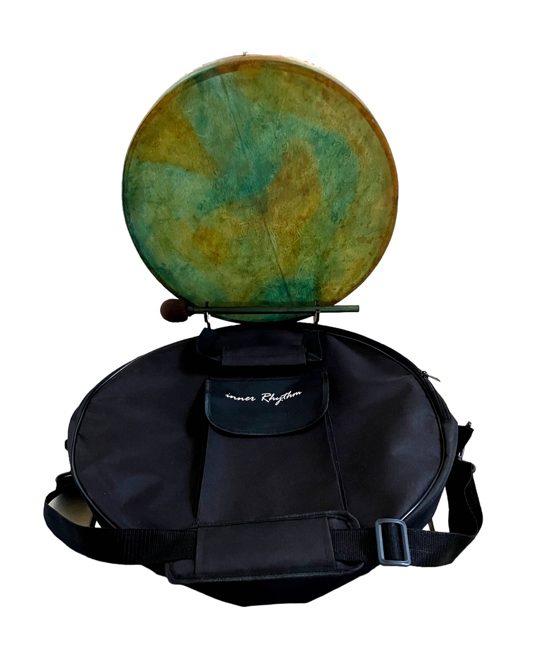 inRhythm - Vente Sculpture - Tambour Chamanique Green Earth avec support d'exposition et options de sac de transport4