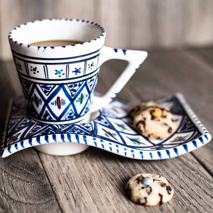 Ecozyna - Wholesale Coffee/Tea Cup - Ceramic Coffee / tea Cup with wavy Saucer Blue