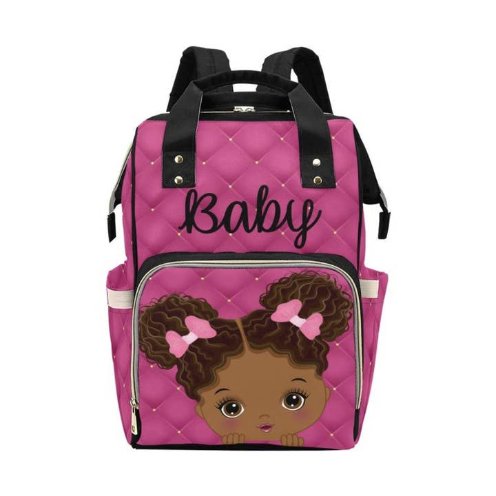 Cute African American Baby Girl With Natural Pigtails And Pink Bows On Hot Pink Tufted Design Multi-Function Backpack for wholesale by TJtoddles.com