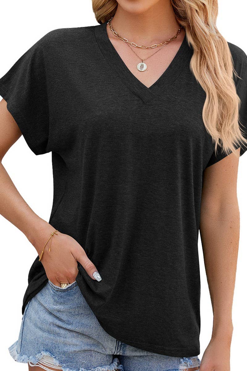 Lily Clothing - Vente T-shirt – femme - PULL DÉCONTRACTÉ À MANCHES COURTES DE COULEUR UNIE À COL EN V_CWTSTS01980