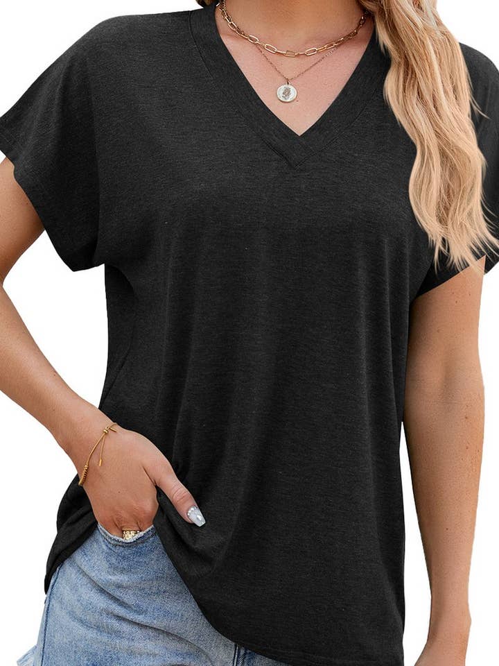 Lily Clothing - Vente T-shirt – femme - PULL DÉCONTRACTÉ À MANCHES COURTES DE COULEUR UNIE À COL EN V_CWTSTS0198