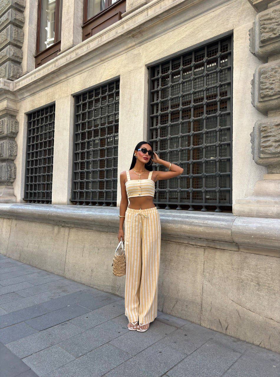 Design company-Fatma Balkir - Vendita all'ingrosso Completo top e pantaloni (NON loungewear) - Donna - Completo in lino - top corto a righe e pantaloni ampi7