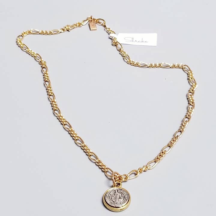 Two Toned Saint Benedict Coin Necklace for wholesale by Shrake Culture