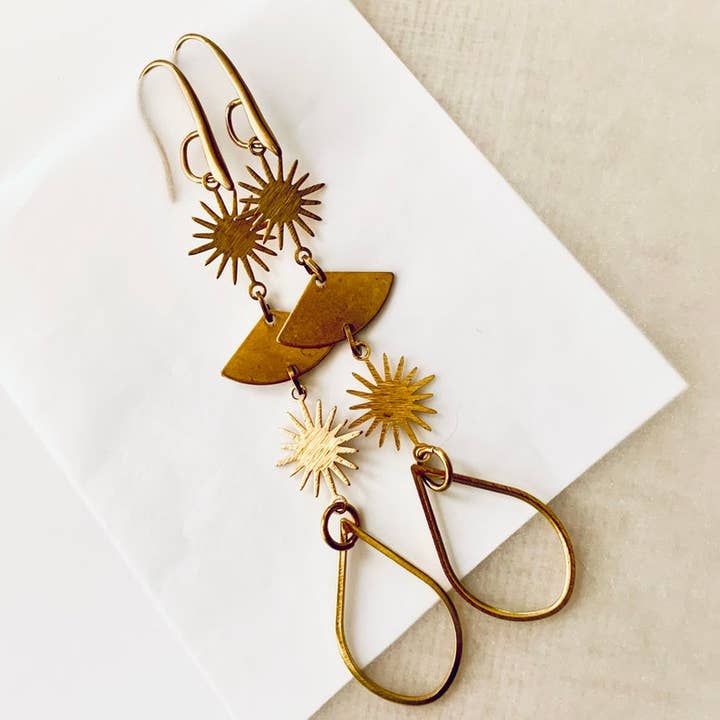 Extra Long Textured Modern Sunshine Teardrop Brass Earrings for wholesale by Rose and Della