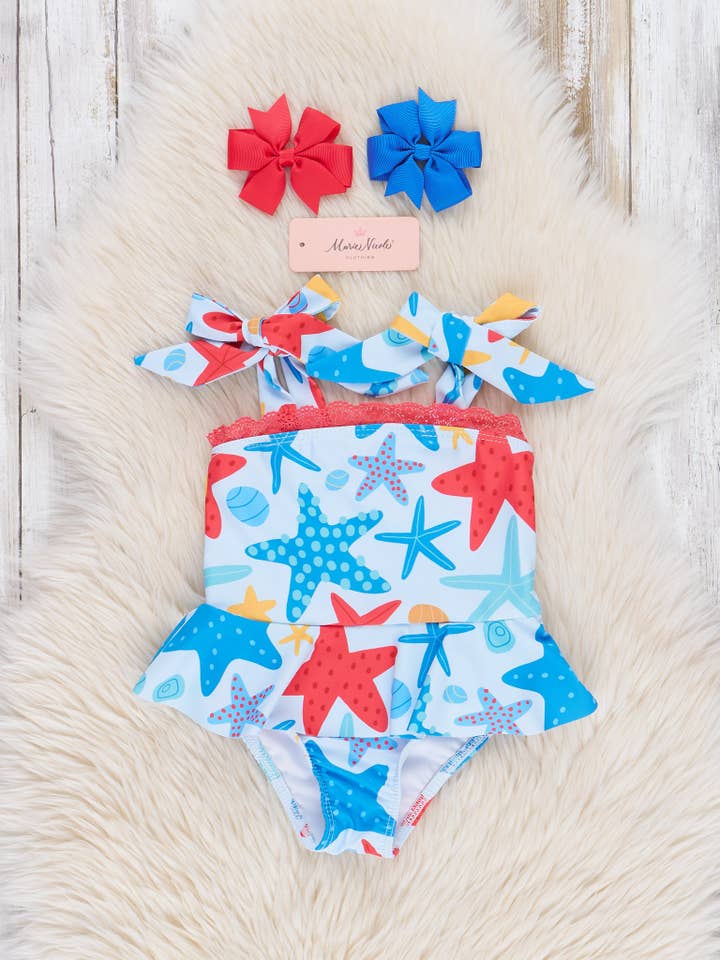 Marie Nicole Clothing - Wholesale One Piece Swimsuit - Kids - Starfish & Seashells Peplum Swimsuit