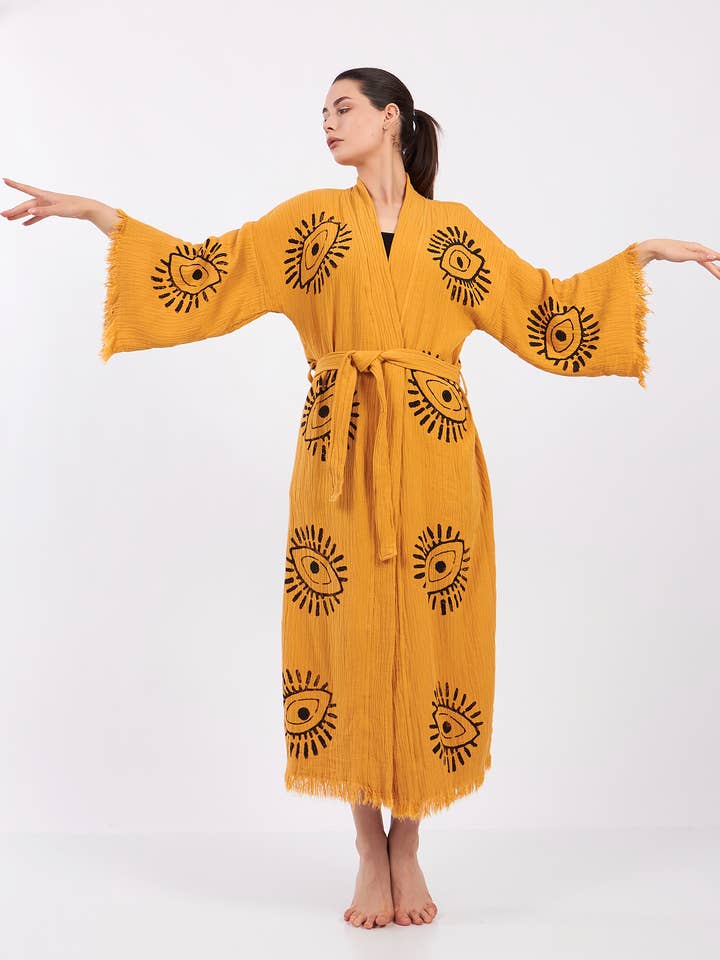 Caftano kimono giallo con vestaglia colorata con stampa malocchio turco per la vendita all'ingrosso da parte di Yaz Concepts
