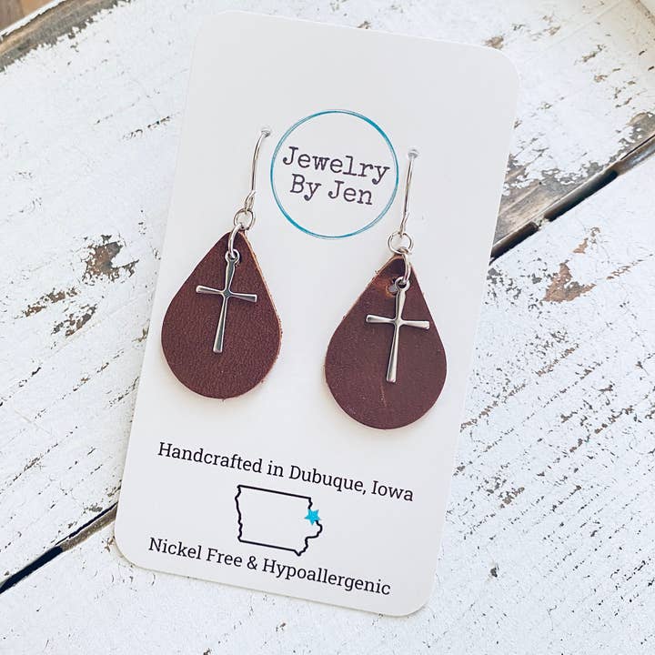 Jewelry By Jen - Wholesale Dangle Earrings - Small Teardrop Earrings: Brown w/Cross Charm1