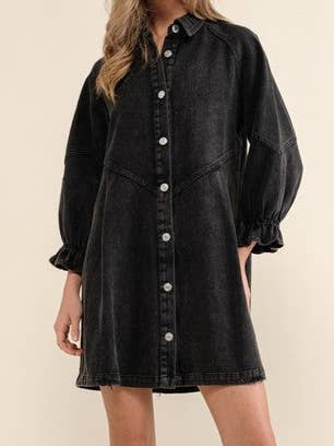 HIDDENBRAND - Wholesale Dress - Women's - Balloon sleeve denim shirt mini dress1