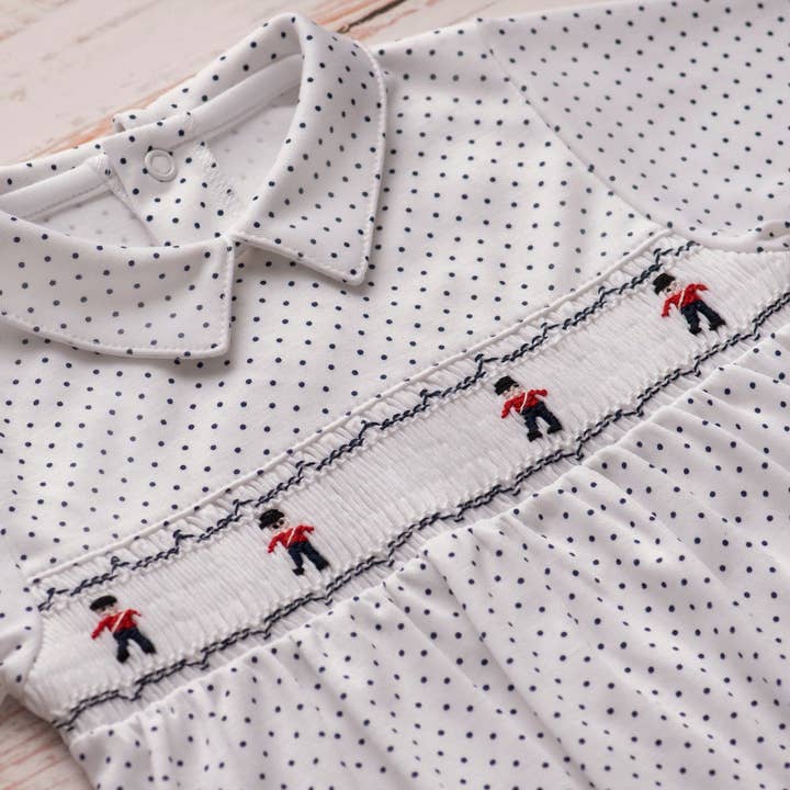 Toy Soldiers Smocked Baby Jumpsuit for wholesale by Almudena Baby