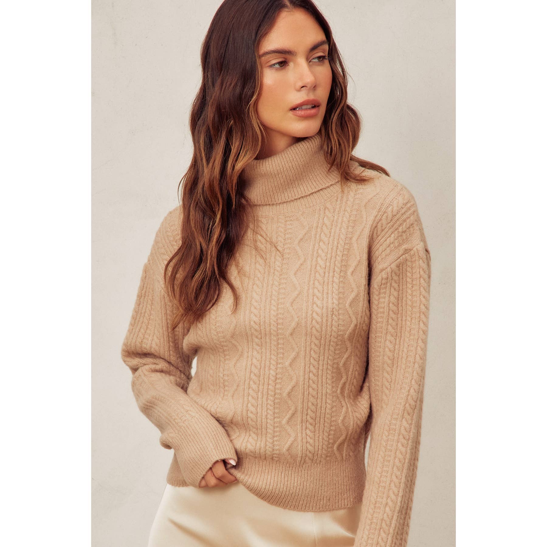 Dress Forum - Wholesale Knit Sweater - Women's - Fluffy Cable Detail Turtle Neck Sweater0