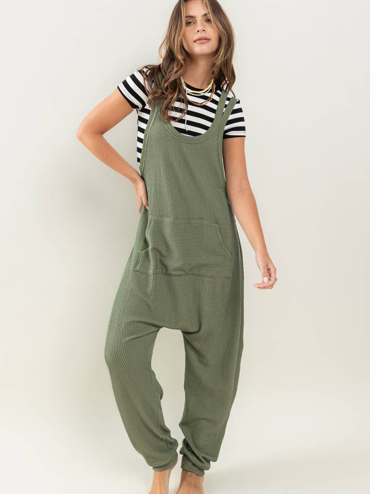 Ces Femme USA - Wholesale Jumpsuit - Women's - Textured Knit Harem Jumpsuit With Kangaroo Pocket / BC61527S