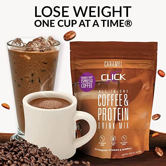 CLICK Coffee Protein Drink - Vente Poudres protéinées/superaliments - Substitut de repas à base de protéines de café CLICK, saveur caramel