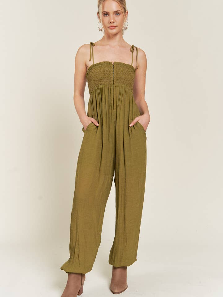 JADE BY JANE - Wholesale Jumpsuit - Women's - SMOCKED TIE STRAP JUMPSUIT JJS5014