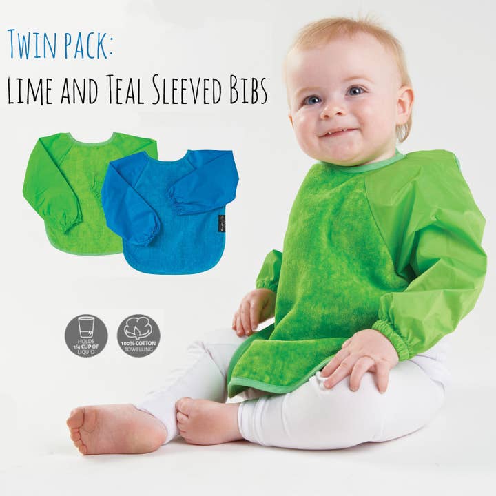 Mum 2 Mum Long Sleeved Wonder Bibs Twin-pack in Lime / Teal for wholesale by Baby&More Ltd