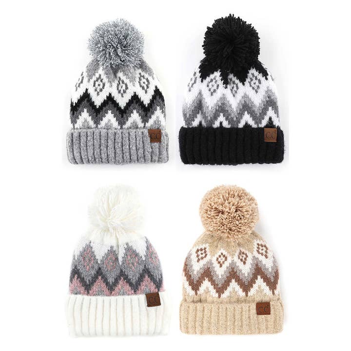 Hana - Wholesale Beanie - Women's - C.C Soft Aztec Pattern Beanie With Knit Pom