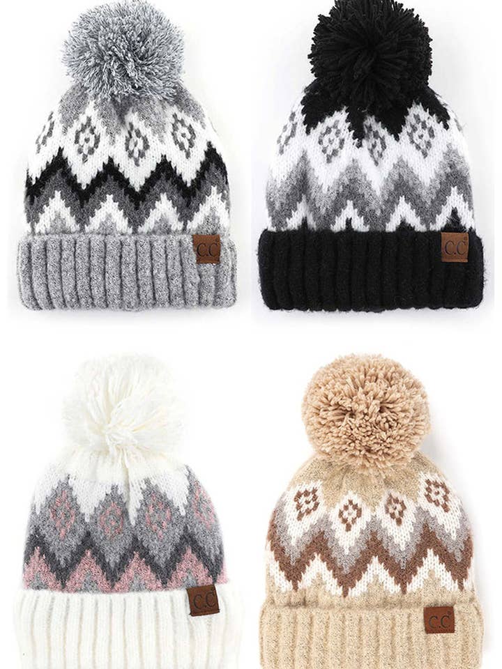 C.C Soft Aztec Pattern Beanie With Knit Pom for wholesale by Hana