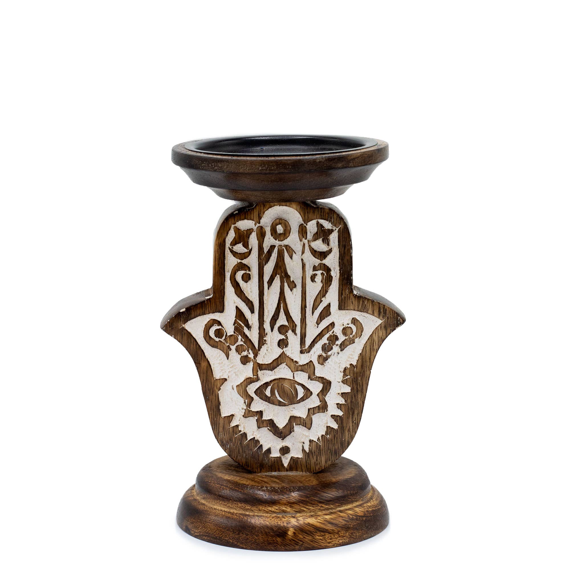 Ancient Wisdom - Wholesale Candle Holder - Mango Wood Candle Stand - Hamsa - Small 18x11cm0